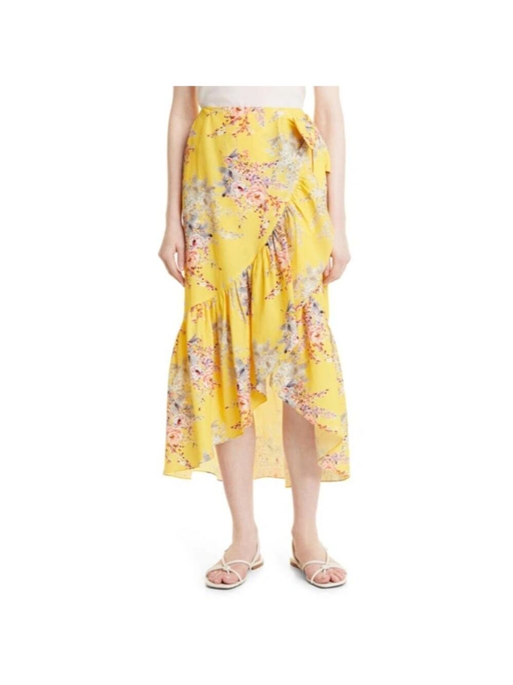Kobi Halperin Yellow Floral Alix Ruffled Tie Waist Midi Wrap Skirt NEW Womens XL